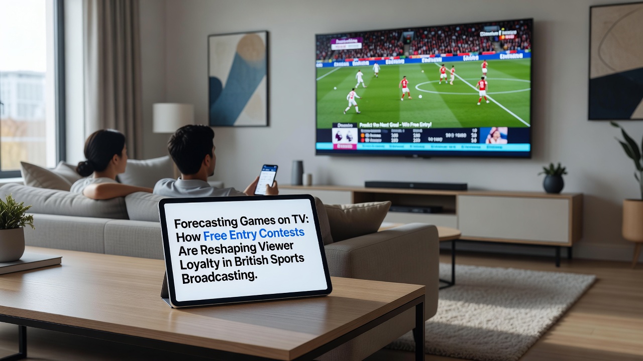British sports fans engaging with free entry prediction contests on television screens during live football matches